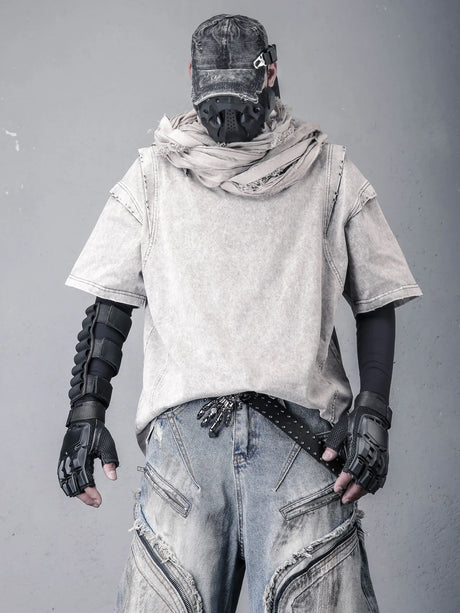 None Unit ash washed panel tee front styling with layered scarf