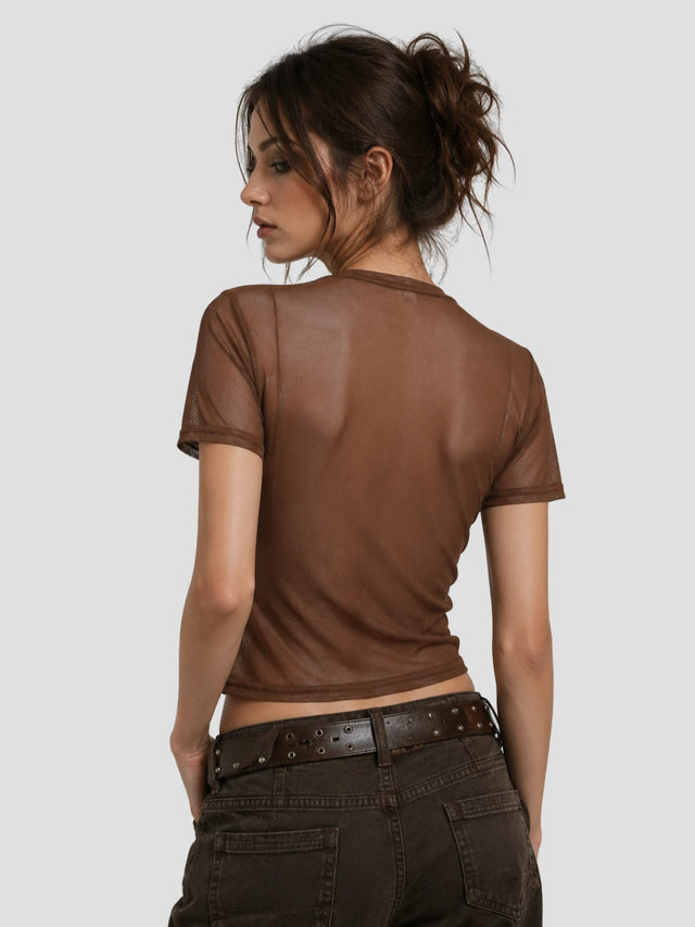 None Unit Asymmetric Denim Corset Mesh Top in coffee female model back view