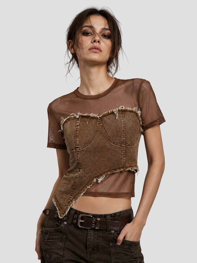 None Unit Asymmetric Denim Corset Mesh Top in coffee female model front view