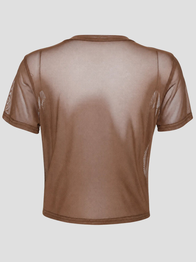 None Unit Asymmetric Denim Corset Mesh Top in coffee product back view