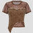None Unit Asymmetric Denim Corset Mesh Top in coffee product front view