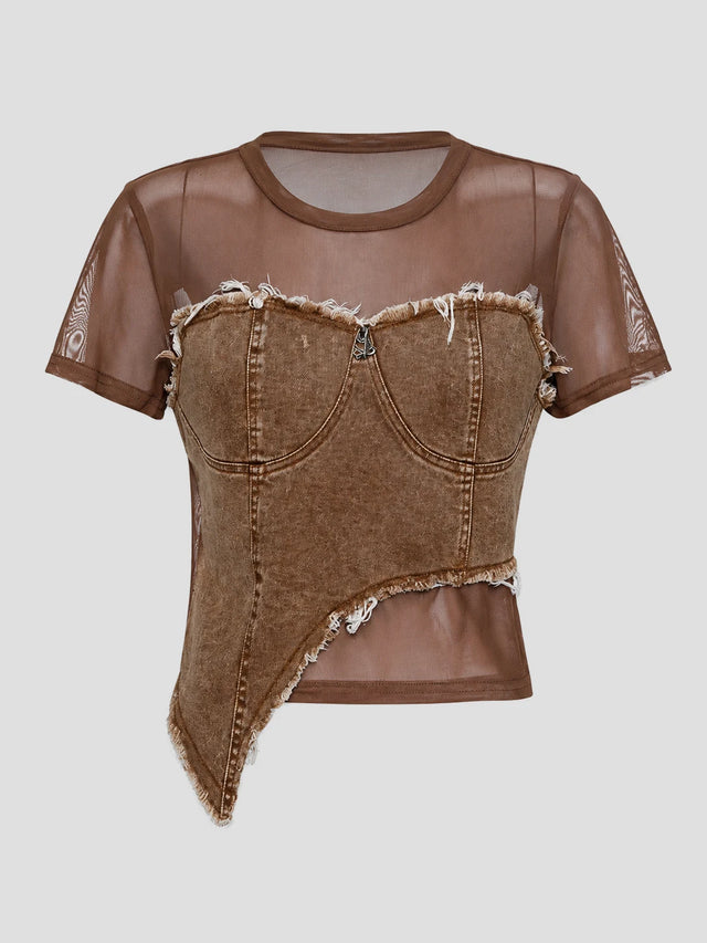 None Unit Asymmetric Denim Corset Mesh Top in coffee product front view