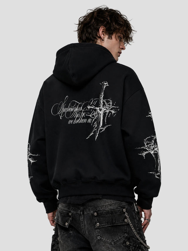 None Unit Barbed Cross Graphic Zip Hoodie in black model back view