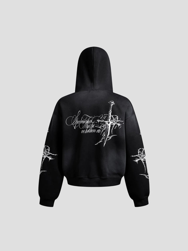 None Unit Barbed Cross Graphic Zip Hoodie in black product back view