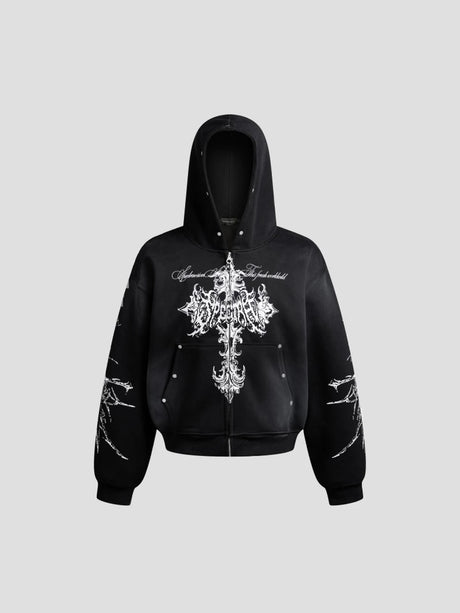 None Unit Barbed Cross Graphic Zip Hoodie in black product front view