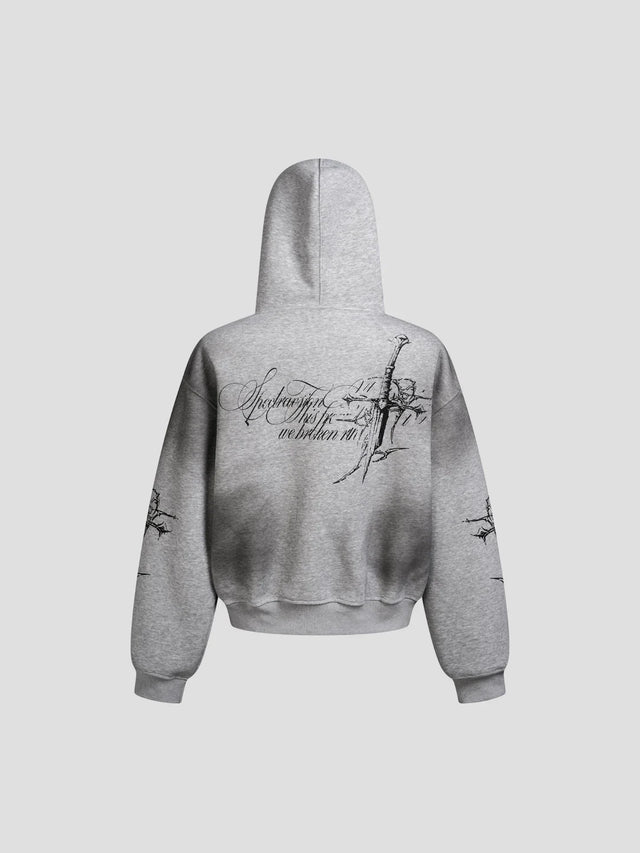 None Unit Barbed Cross Graphic Zip Hoodie in heather gray product back view