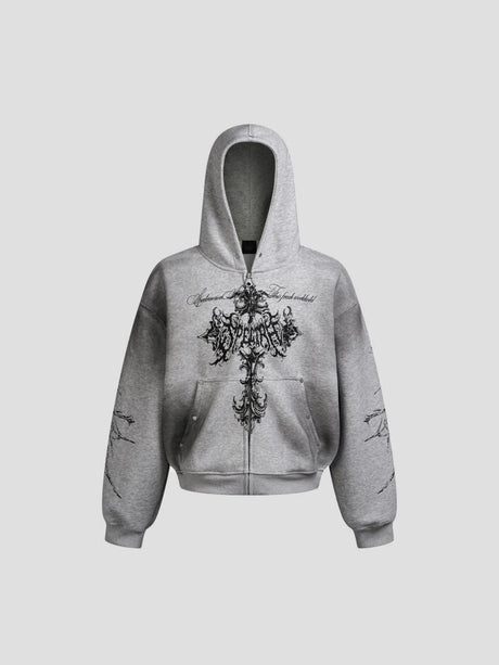 None Unit Barbed Cross Graphic Zip Hoodie in heather gray product front view