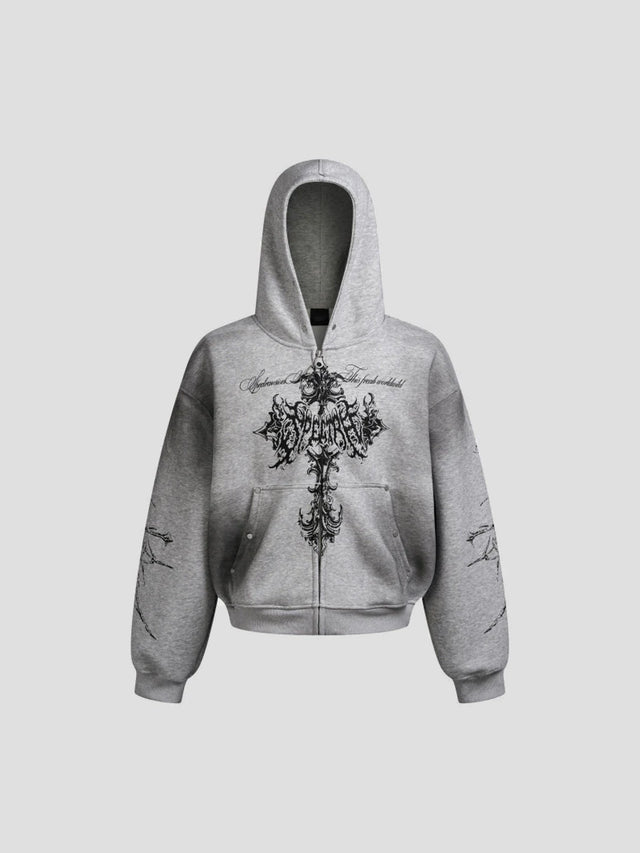 None Unit Barbed Cross Graphic Zip Hoodie in heather gray product front view