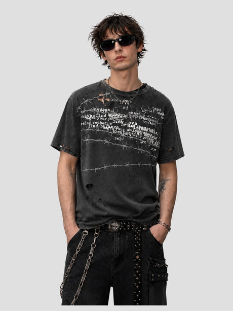 None Unit Barbed Script Distressed Tee in iron gray model front view