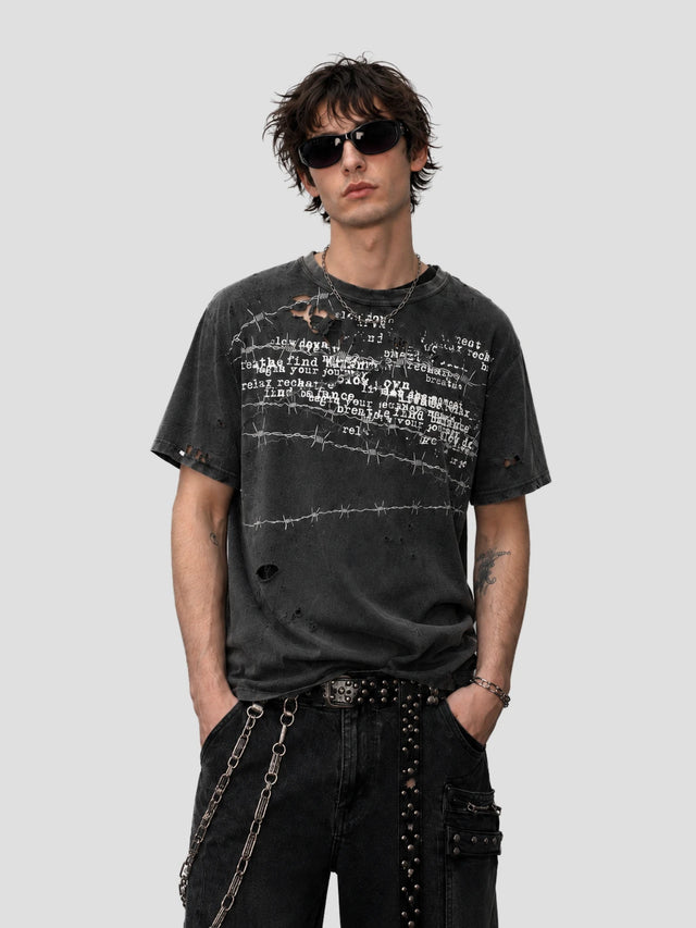 None Unit Barbed Script Distressed Tee in iron gray model front view