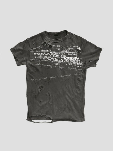 None Unit Barbed Script Distressed Tee in iron gray product front view
