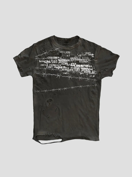 None Unit Barbed Script Distressed Tee in washed black product front view