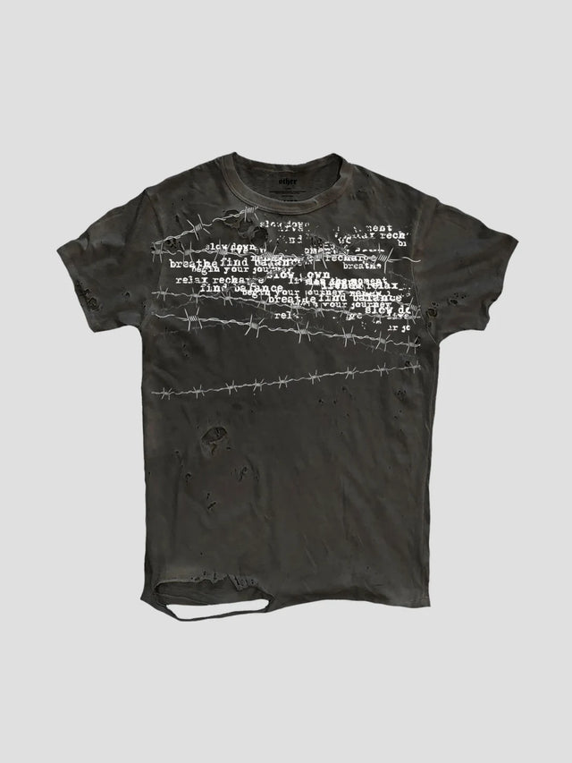 None Unit Barbed Script Distressed Tee in washed black product front view
