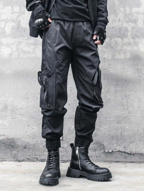 None Unit black strap cargo jogger pants front styling
