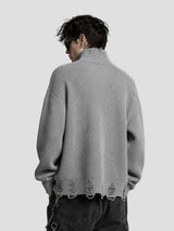 None Unit Cat & Dog Graphic Distressed Zip Knit in gray model back view