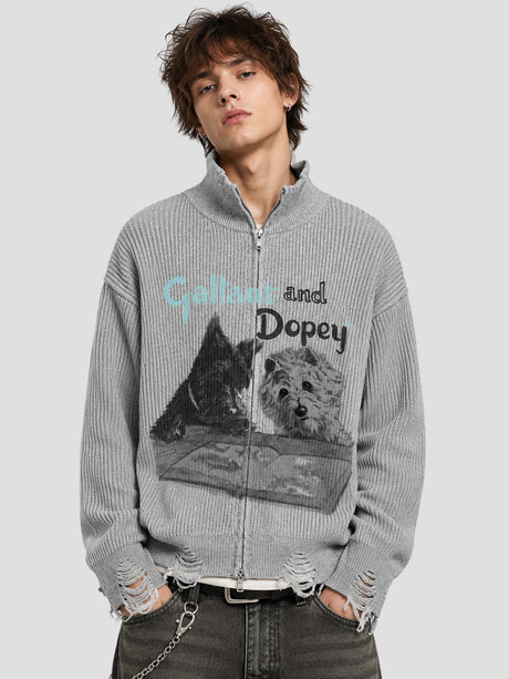 None Unit Cat & Dog Graphic Distressed Zip Knit in gray model front view