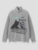 None Unit Cat & Dog Graphic Distressed Zip Knit in gray product front view