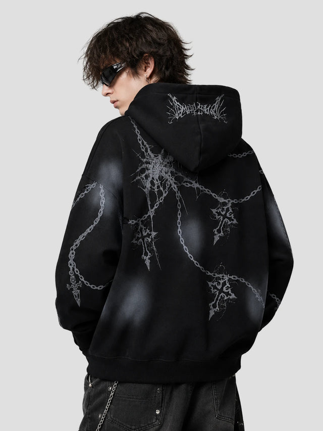 None Unit Chain Wraith Graphic Hoodie in black model back view