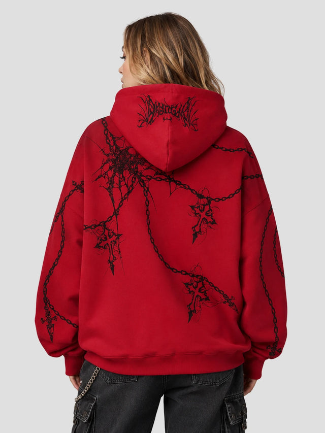 None Unit Chain Wraith Graphic Hoodie in red model back view