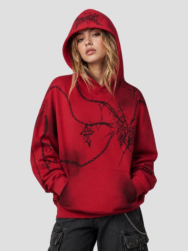 None Unit Chain Wraith Graphic Hoodie in red model front view