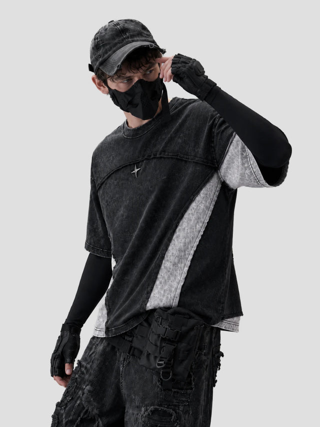 None Unit Circuit Panel Washed Tee in washed black model detail view