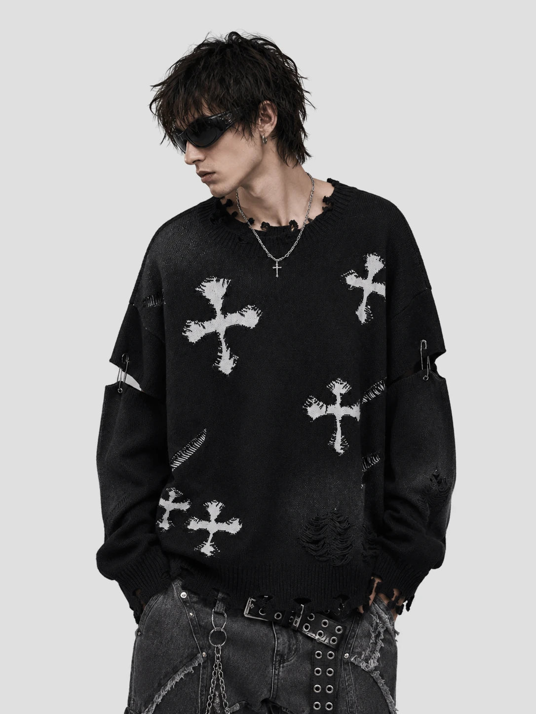 None Unit Cross Frame Layered Distressed Sweater in black model front view