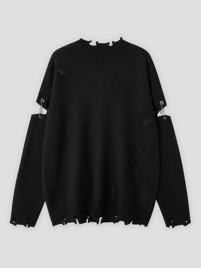 None Unit Cross Frame Layered Distressed Sweater in black product back view