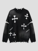 None Unit Cross Frame Layered Distressed Sweater in black product front view