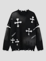 None Unit Cross Frame Layered Distressed Sweater in black product front view