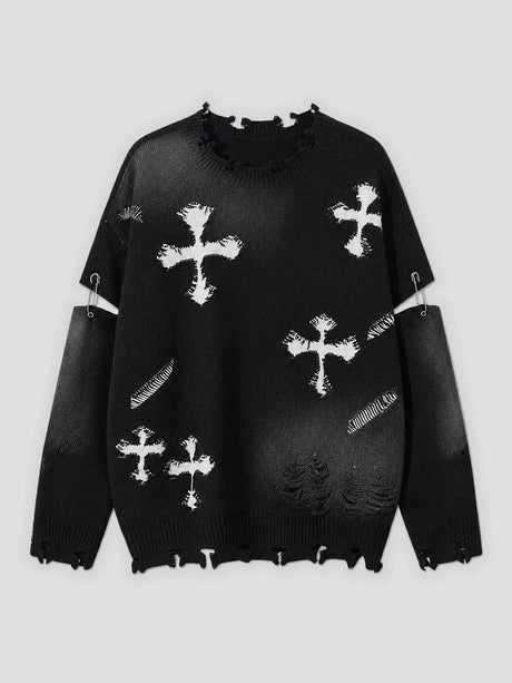 None Unit Cross Frame Layered Distressed Sweater in black product front view