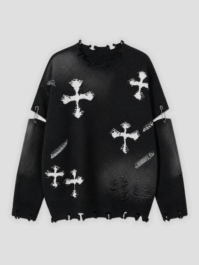 None Unit Cross Frame Layered Distressed Sweater in black product front view
