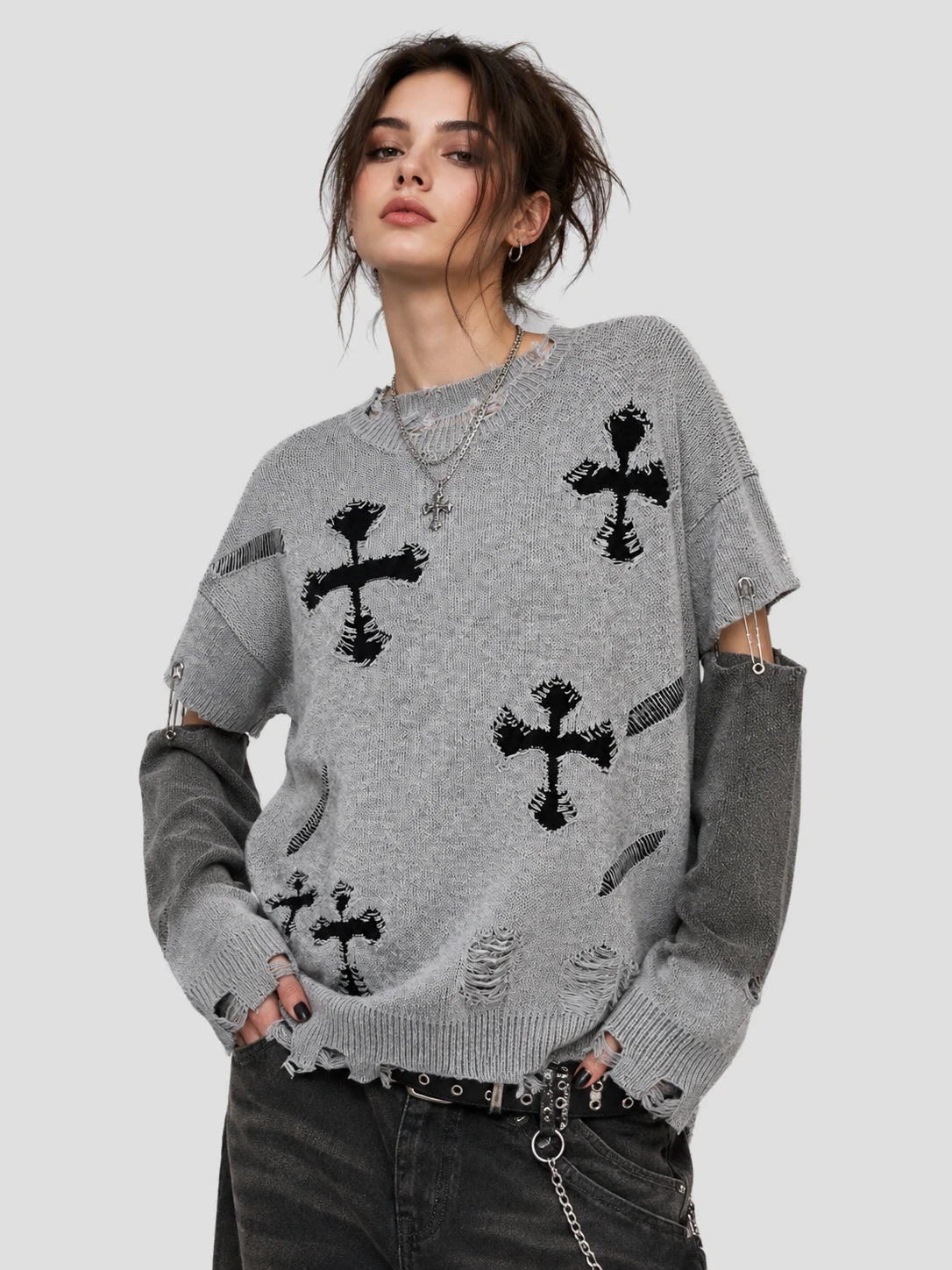 None Unit Cross Frame Layered Distressed Sweater in gray model front view
