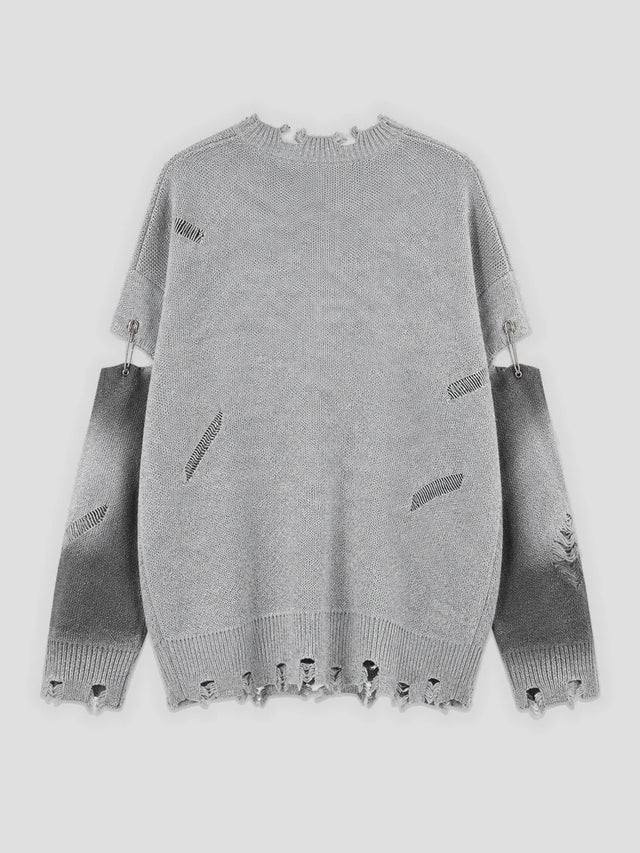 None Unit Cross Frame Layered Distressed Sweater in gray product back view
