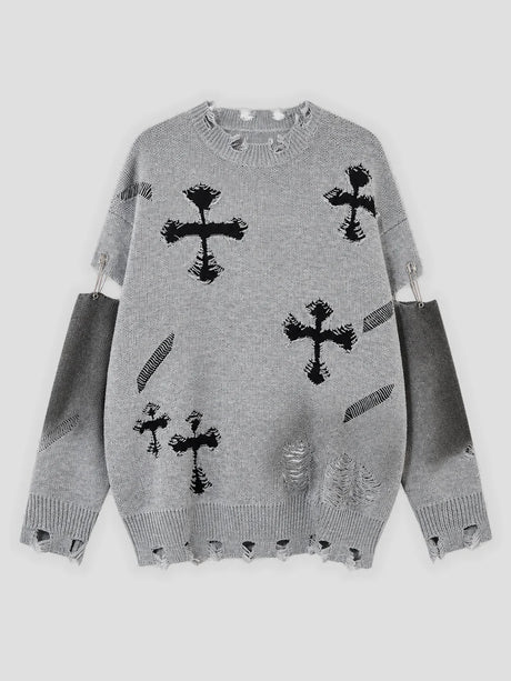 None Unit Cross Frame Layered Distressed Sweater in gray product front view