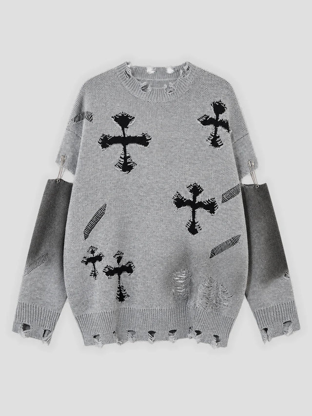 None Unit Cross Frame Layered Distressed Sweater in gray product front view