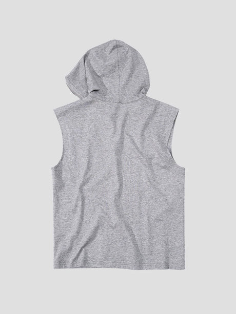 None Unit Crystal Lips Zip Hooded Vest in heather gray male model back view