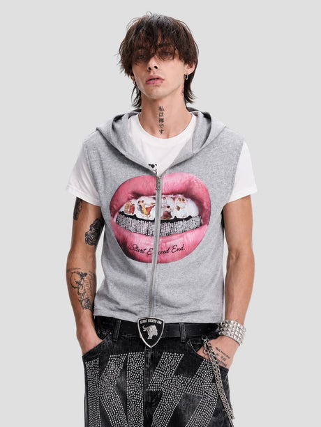 None Unit Crystal Lips Zip Hooded Vest in heather gray male model front view