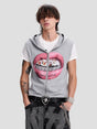 None Unit Crystal Lips Zip Hooded Vest in heather gray male model front view