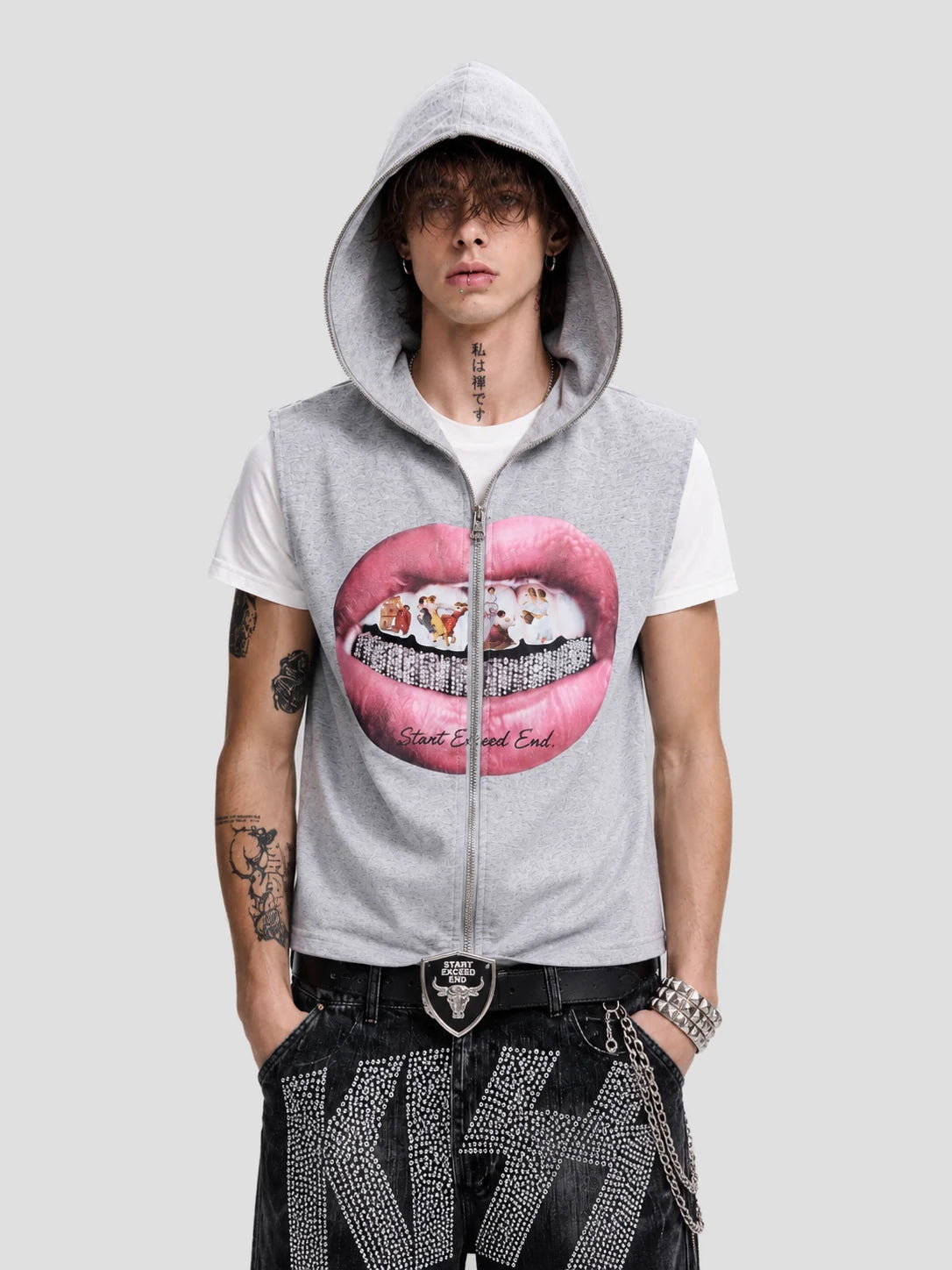 None Unit Crystal Lips Zip Hooded Vest in heather gray product back view