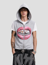 None Unit Crystal Lips Zip Hooded Vest in heather gray product back view