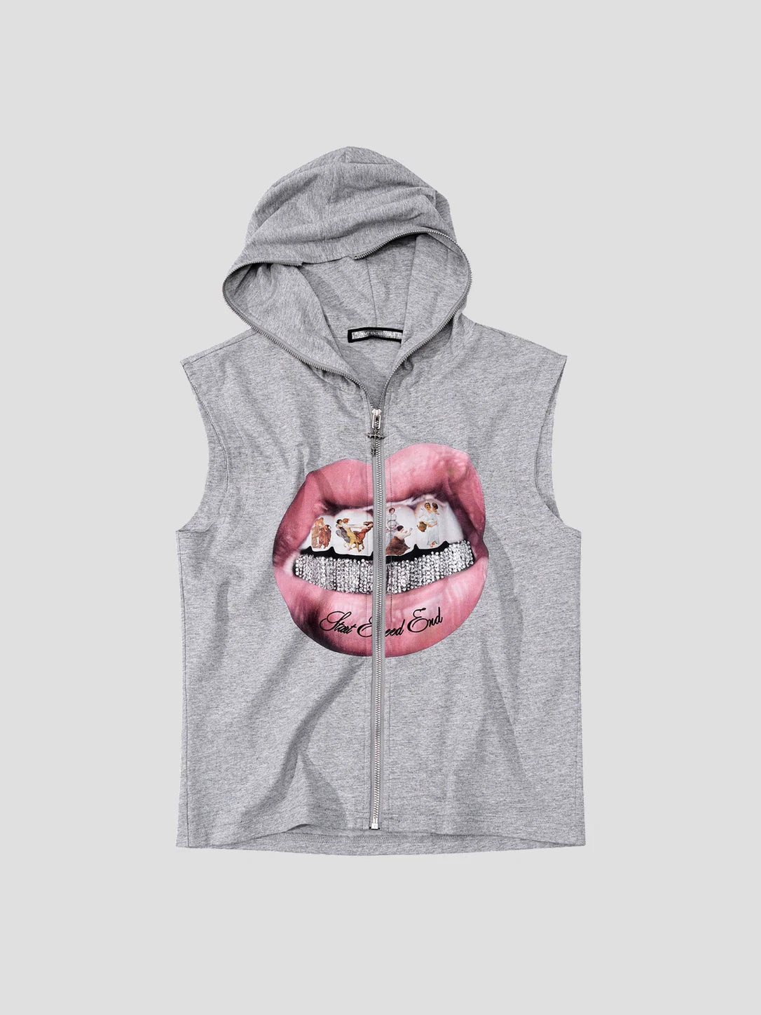 None Unit Crystal Lips Zip Hooded Vest in heather gray product front view