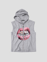 None Unit Crystal Lips Zip Hooded Vest in heather gray product front view