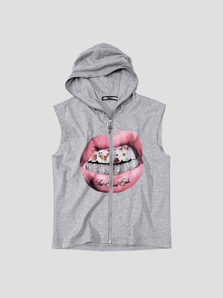 None Unit Crystal Lips Zip Hooded Vest in heather gray product front view
