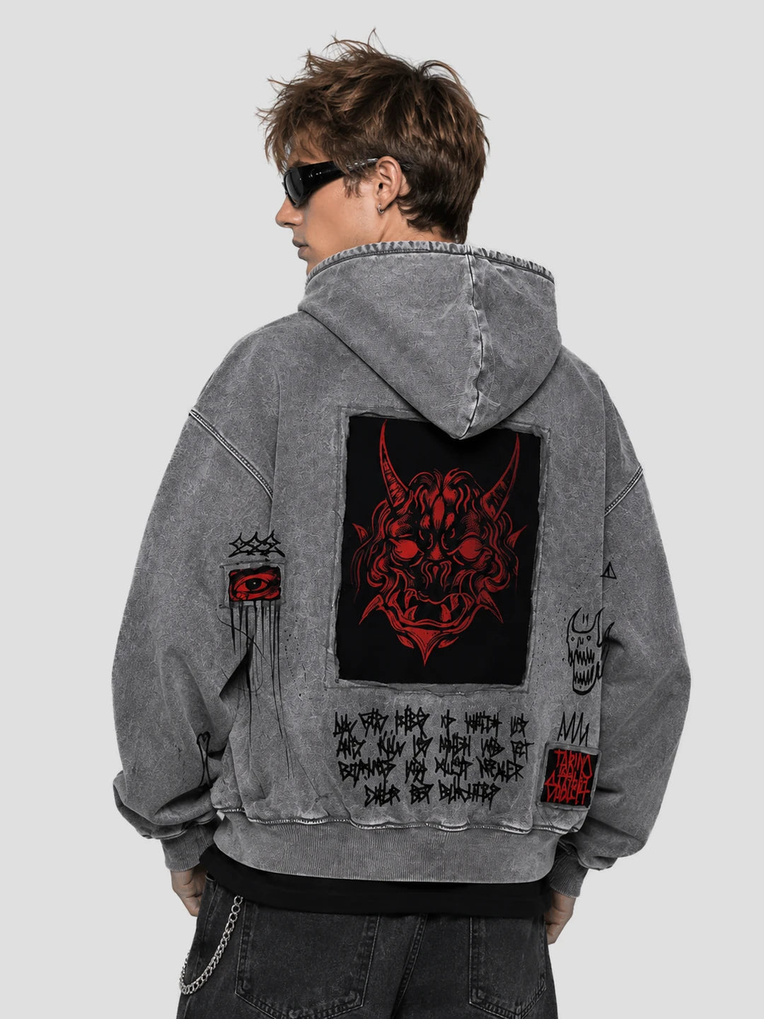 None Unit Demon Archive Patch Zip Hoodie in gray male model back view