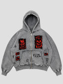 None Unit Demon Archive Patch Zip Hoodie in gray product front view