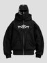 None Unit double hood mask zip hoodie in black, front view on clean light background
