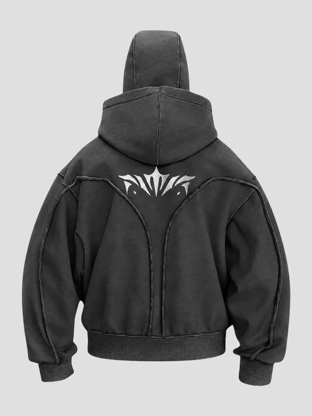 None Unit double hood mask zip hoodie in charcoal gray, back view on clean light background