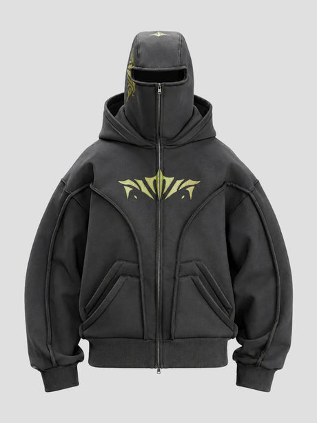 None Unit double hood mask zip hoodie in charcoal gray, front view on clean light background