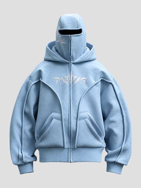 None Unit double hood mask zip hoodie in sky blue, front view on clean light background