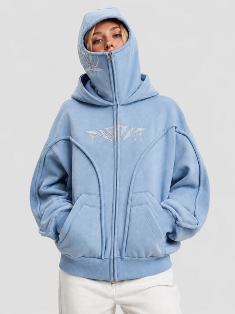 None Unit double hood mask zip hoodie in sky blue, styled model view on clean light background